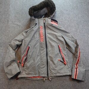 Superdry Jacket Womens Extra Large Gray Pink Sport Revolution Faux Fur Hood